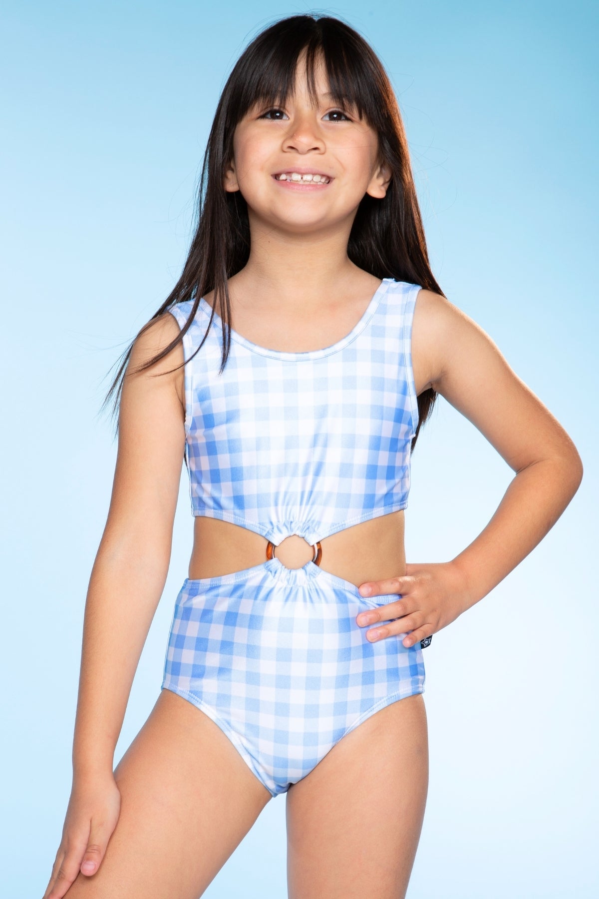 Tortoise Ring Cut-Out One Piece Swimsuit - Lt Blue Gingham