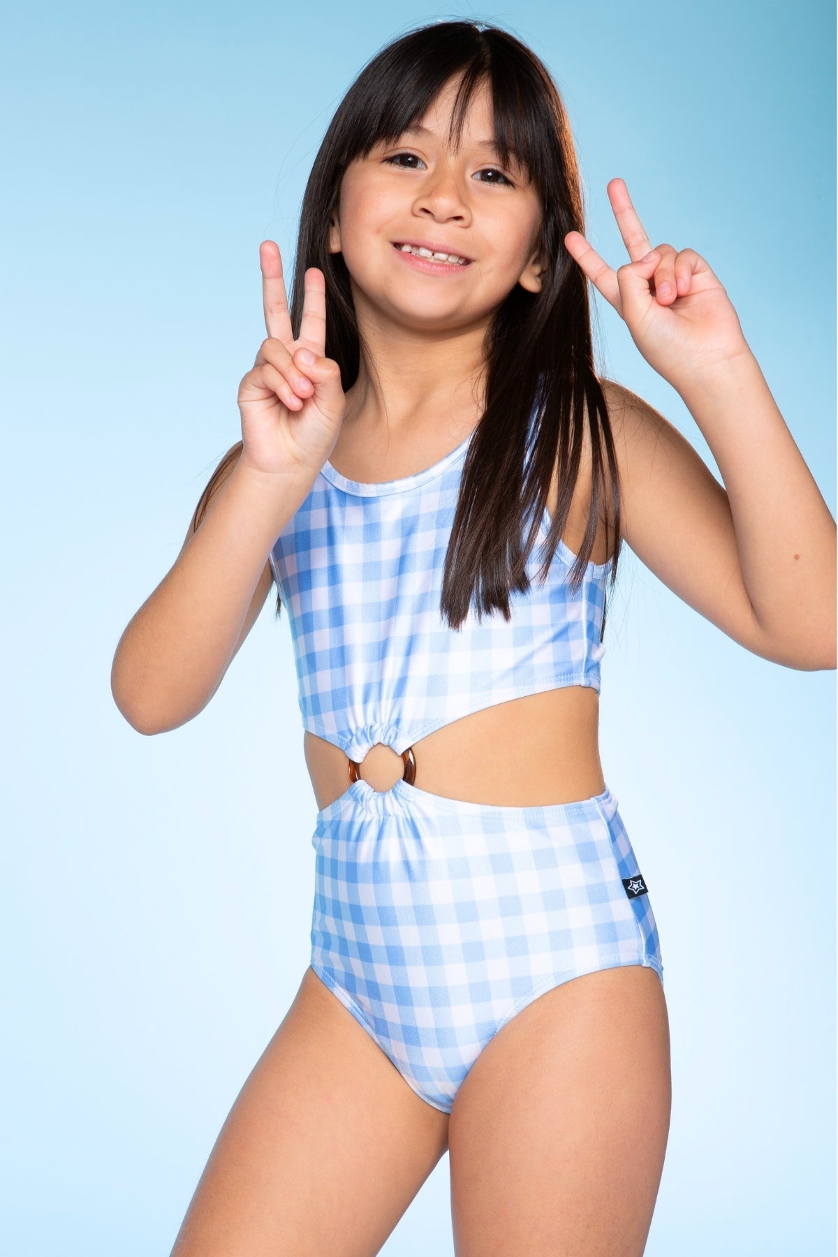 Tortoise Ring Cut-Out One Piece Swimsuit - Lt Blue Gingham