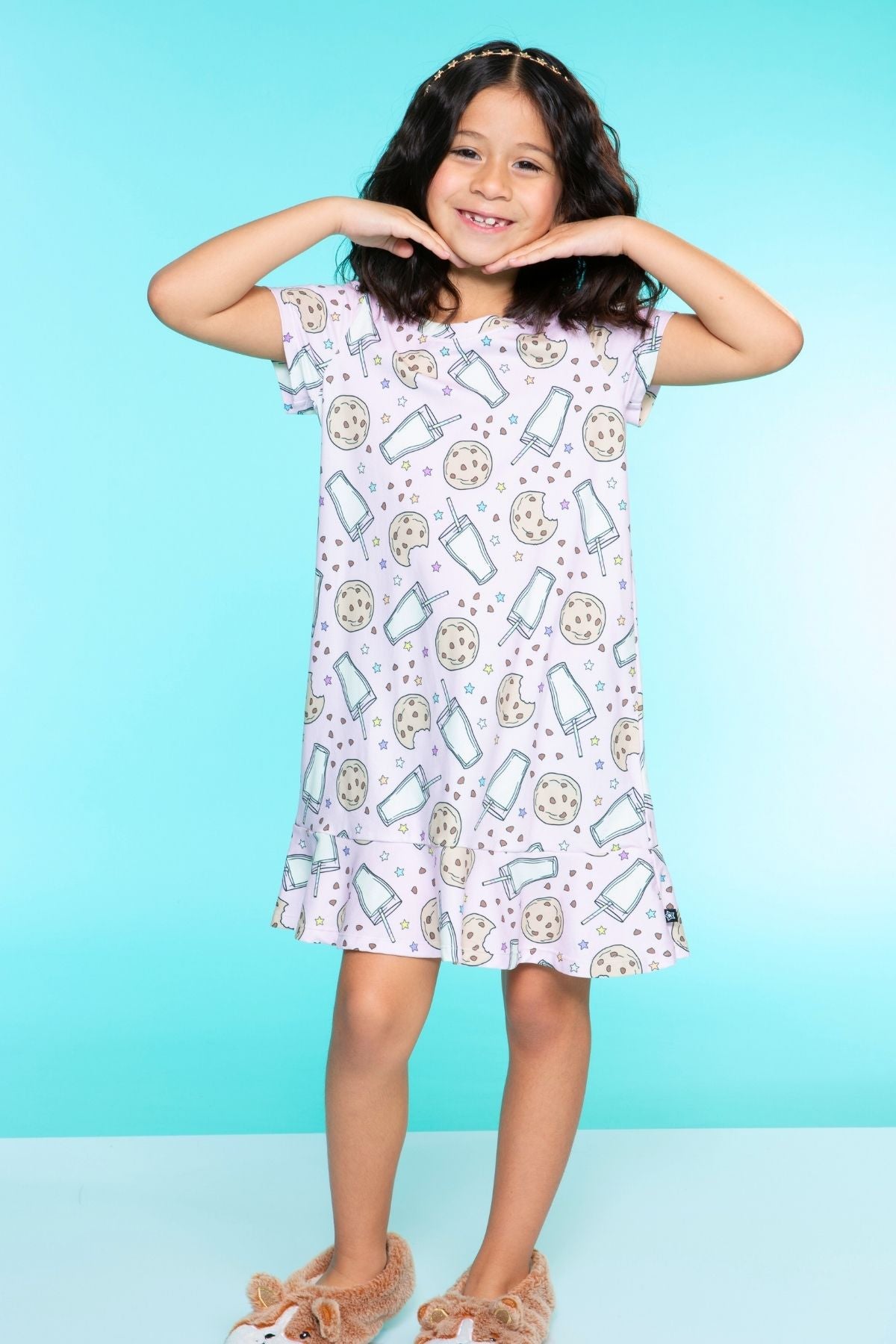 Simply Soft Short Sleeve Ruffle Lounge Dress - Lilac Rainbow Gummy Bear