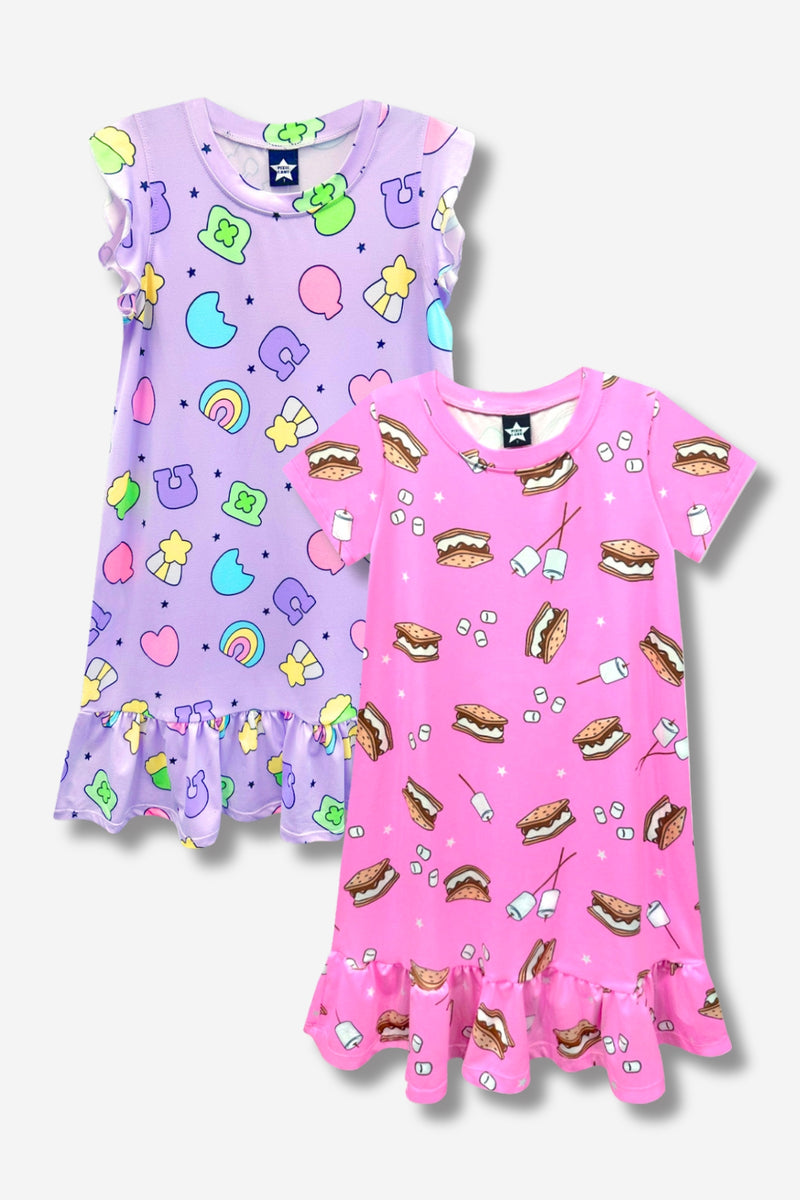 Multipack: Simply Soft Short Sleeve & Flutter Sleeve Nightgown - Lilac Marshmallow Charms | Neon Pink S'mores