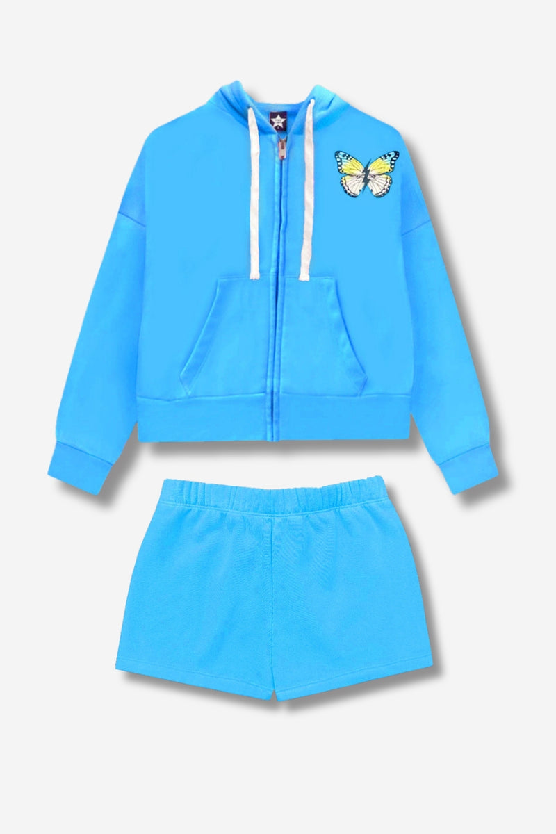 Multipack: Cotton Soft French Terry Drop Shoulder Zip Hoodie & Dolphin Short - Neon Blue Butterfly | Neon Blue