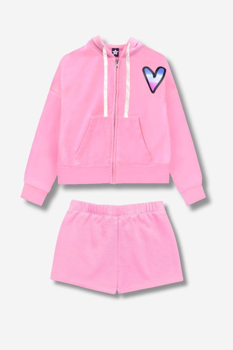 Multipack: Cotton Soft French Terry Drop Shoulder Zip Hoodie & Dolphin Short - Neon Pink Heart | Neon Pink