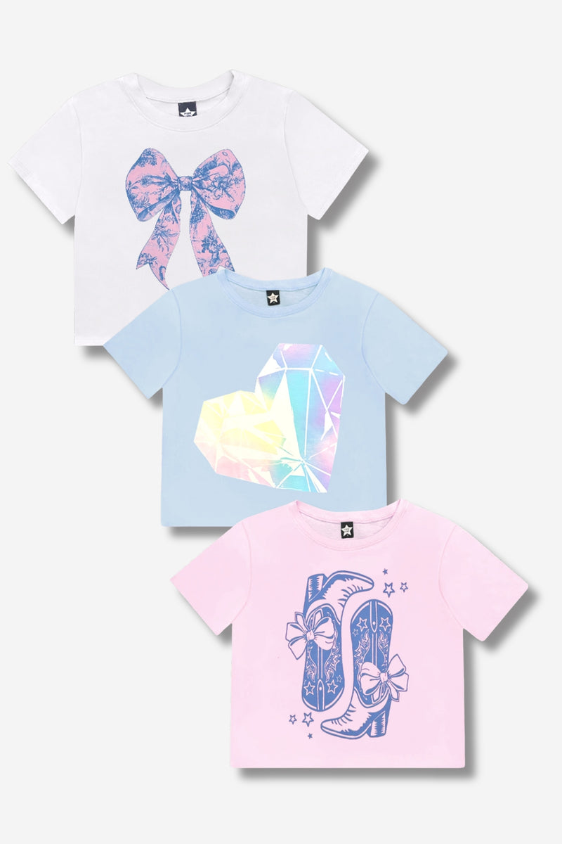 Multipack: Washed Cotton Drop Shoulder Tee - White Floral Bow | Blue Diamond Heart | Pink Cowboy Boot