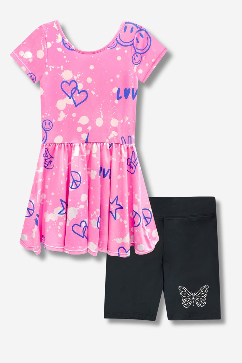 Multipack: Simply Soft Short Sleeve Scoop Back Be Happy Dress & Luxe Biker Short - Pink Bleach Emojis | Black Butterfly Rhinestone