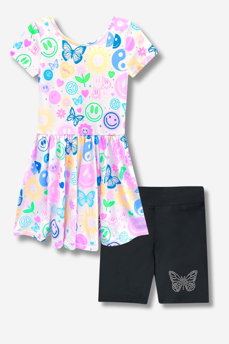 Multipack: Simply Soft Short Sleeve Scoop Back Be Happy Dress & Luxe Biker Short - Rainbow Smile Retro | Black Butterfly Rhinestone