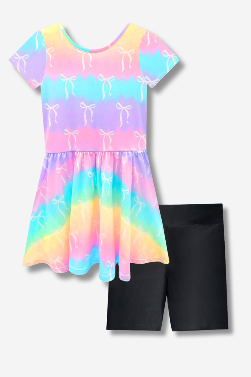 Multipack: Simply Soft Short Sleeve Be Happy Dress & High Shine Biker Short - Rainbow Bows | Black