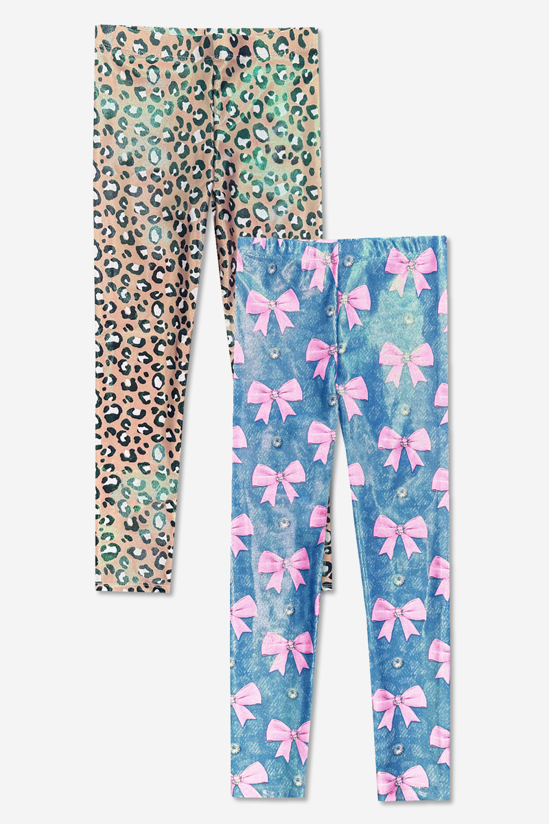 2-Pack Glitter Foil High Shine Legging - Taupe Leopard | Denim Leopard Pink Bow - NEW!