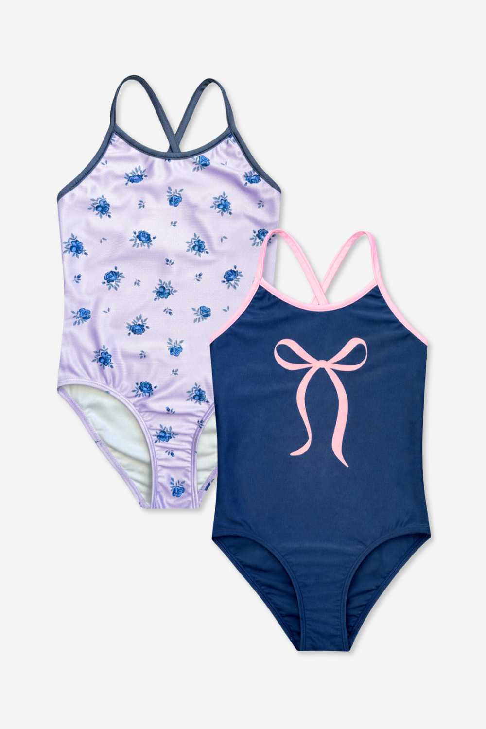 2 Pack - Strappy One Piece Swimsuit - Navy Pink Bow | Lilac Navy Ditsy Floral