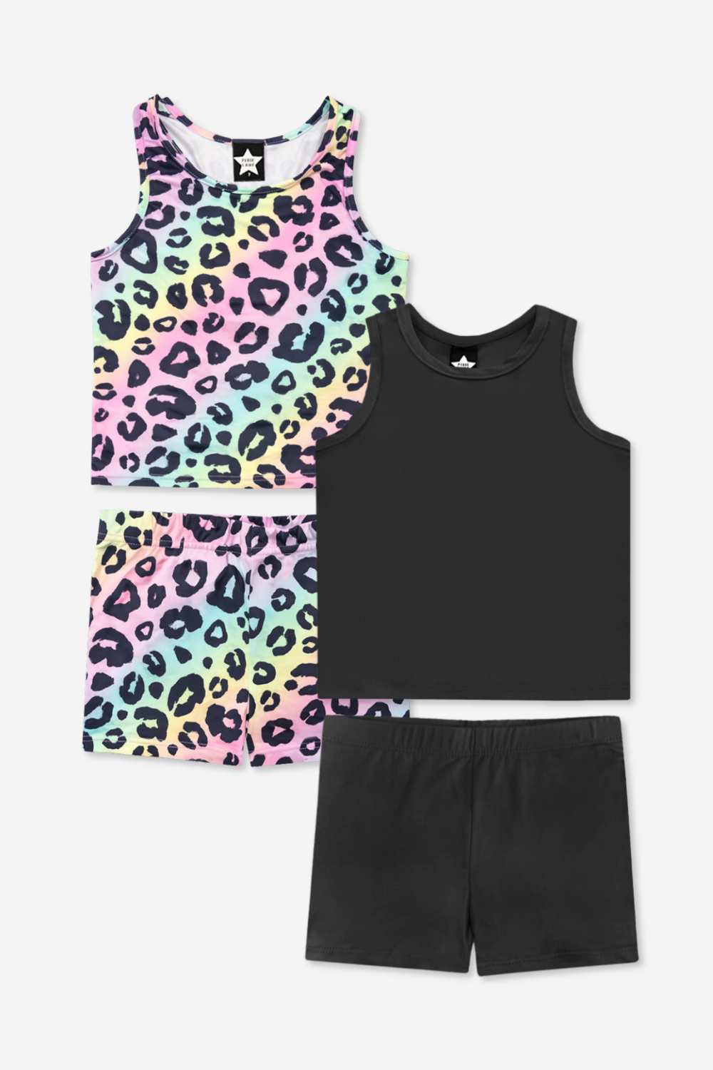2-Pack Simply Soft Luxe Cropped Racerback Tank & Tumble Short - Steel Black Peace Heart | Neon Pink Rainbow Heart