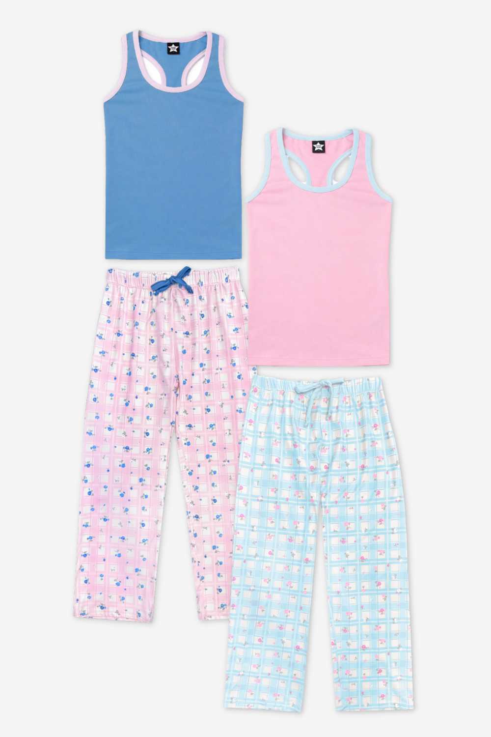 2 Pack - Simply Soft Racer Tank & Karate Pant Set - Pink Ivory Striped Strawberry | Pink Lt Blue Plaid Floral