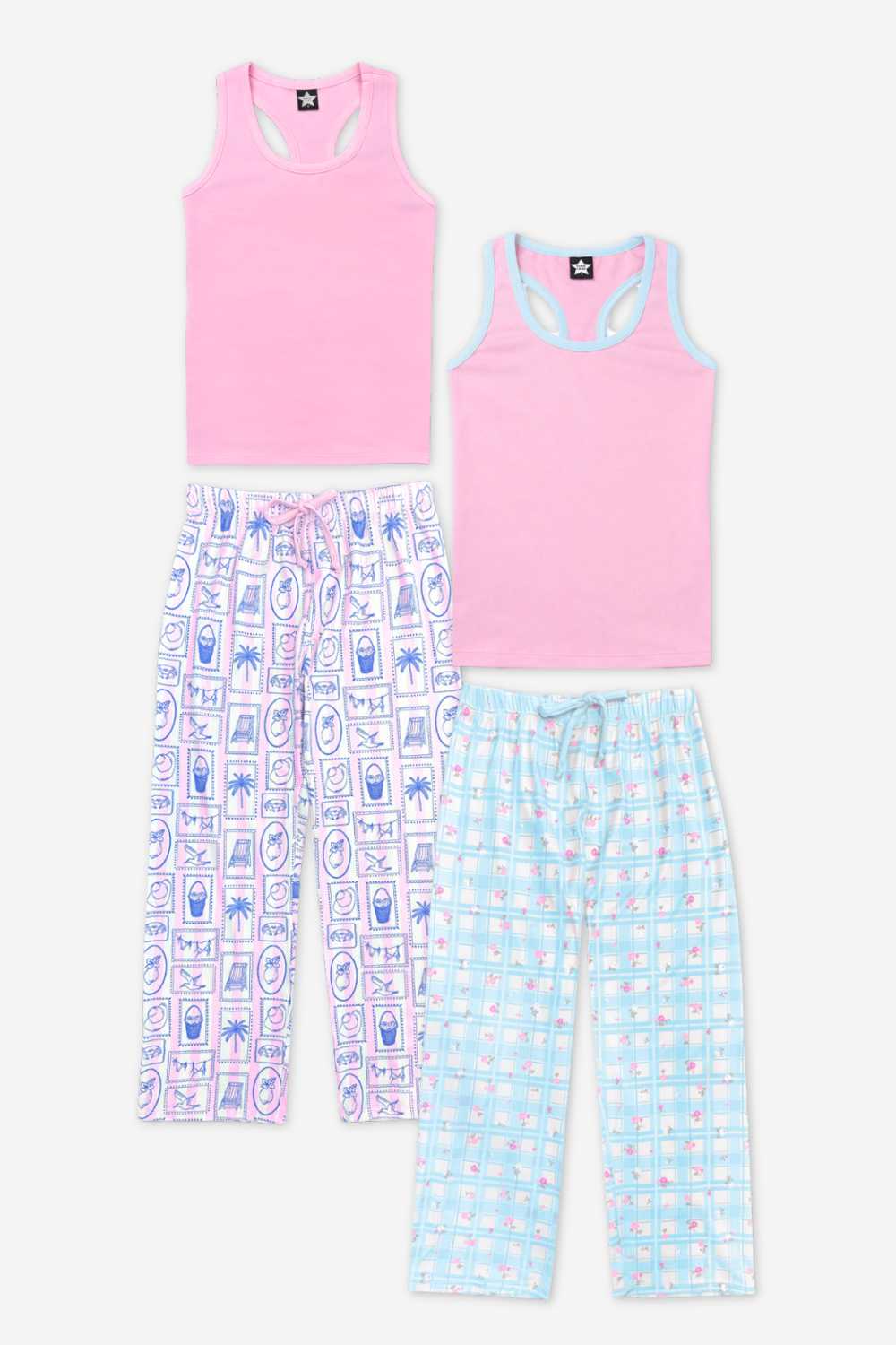 2 Pack - Simply Soft Racer Tank & Karate Pant Set - Pink Ivory Striped Strawberry | Pink Lt Blue Plaid Floral