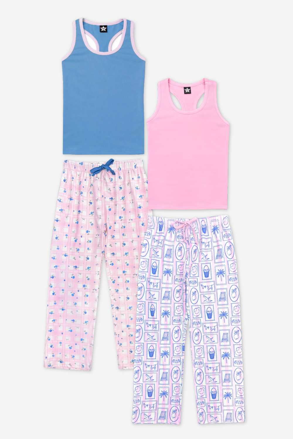 2 Pack - Simply Soft Racer Tank & Karate Pant Set - Pink Ivory Striped Strawberry | Pink Lt Blue Plaid Floral