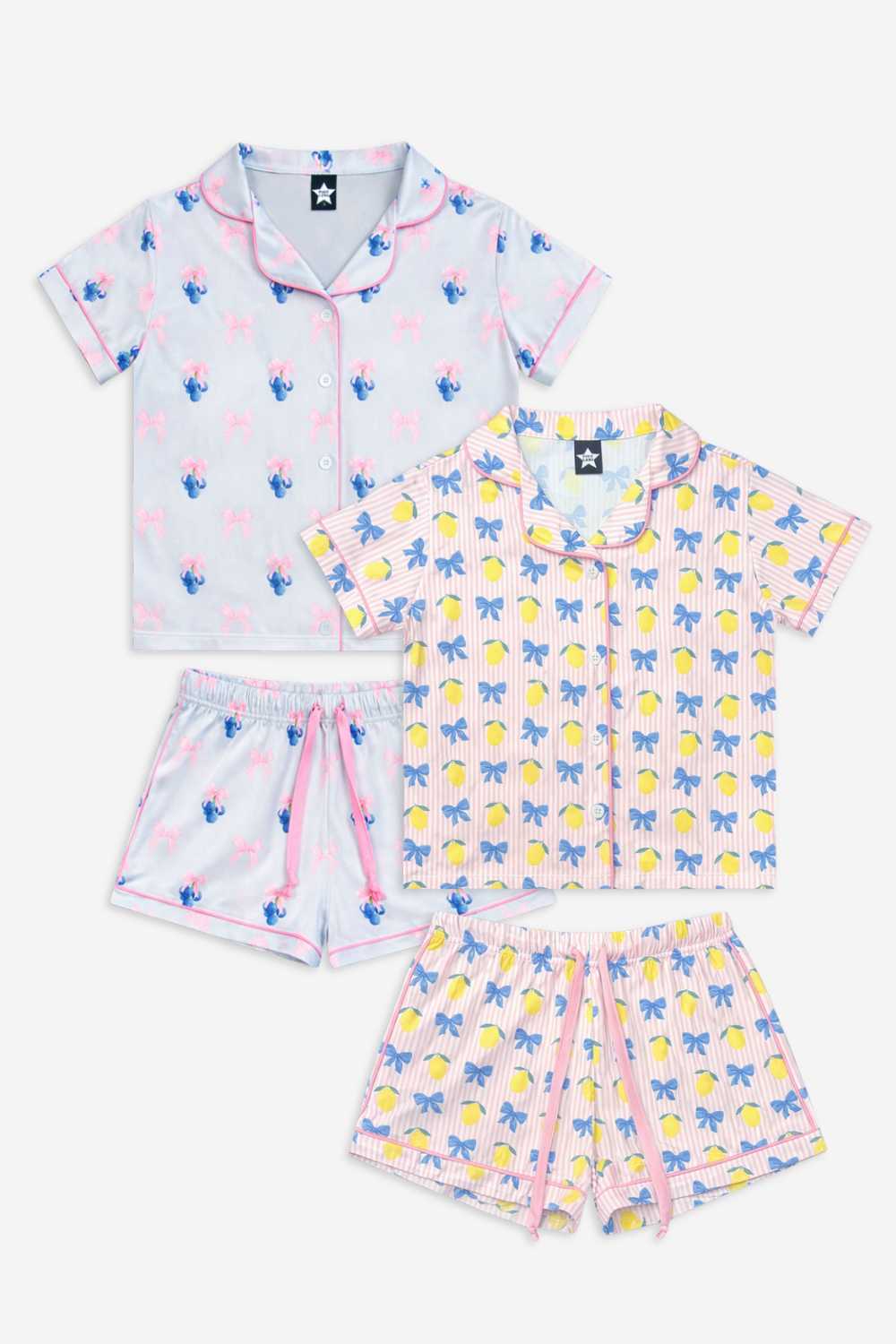 2 Pack - Short Sleeve Simply Soft Button Down Top & Short - Pink Ivory Striped Strawberry | Sage Pink Makeup