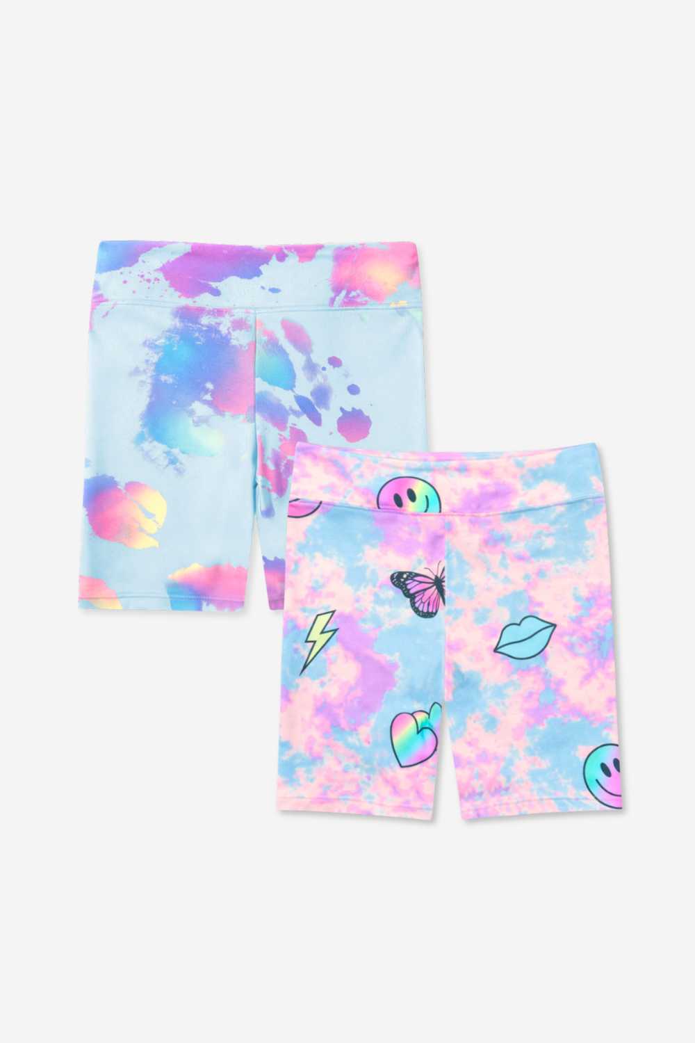 2 Pack Simply Soft Biker Short - Pastel Rainbow Tie Dye Emoji | Denim Leopard Splatter