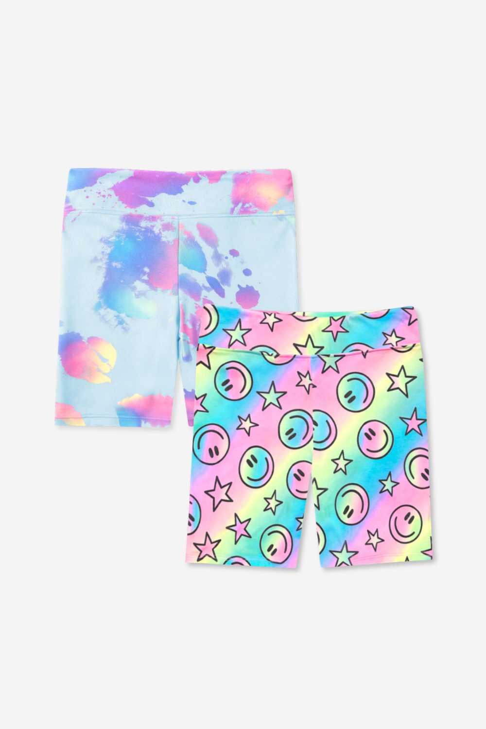 2 Pack Simply Soft Biker Short - Pastel Rainbow Tie Dye Emoji | Denim Leopard Splatter