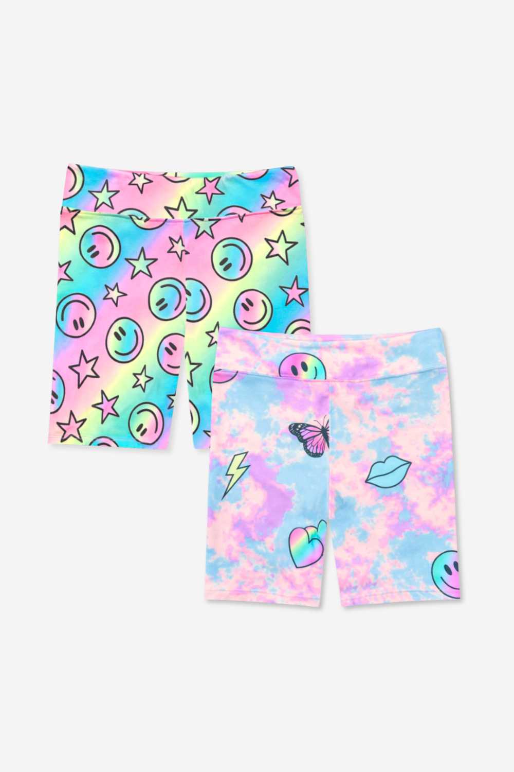 2 Pack Simply Soft Biker Short - Pastel Rainbow Tie Dye Emoji | Denim Leopard Splatter
