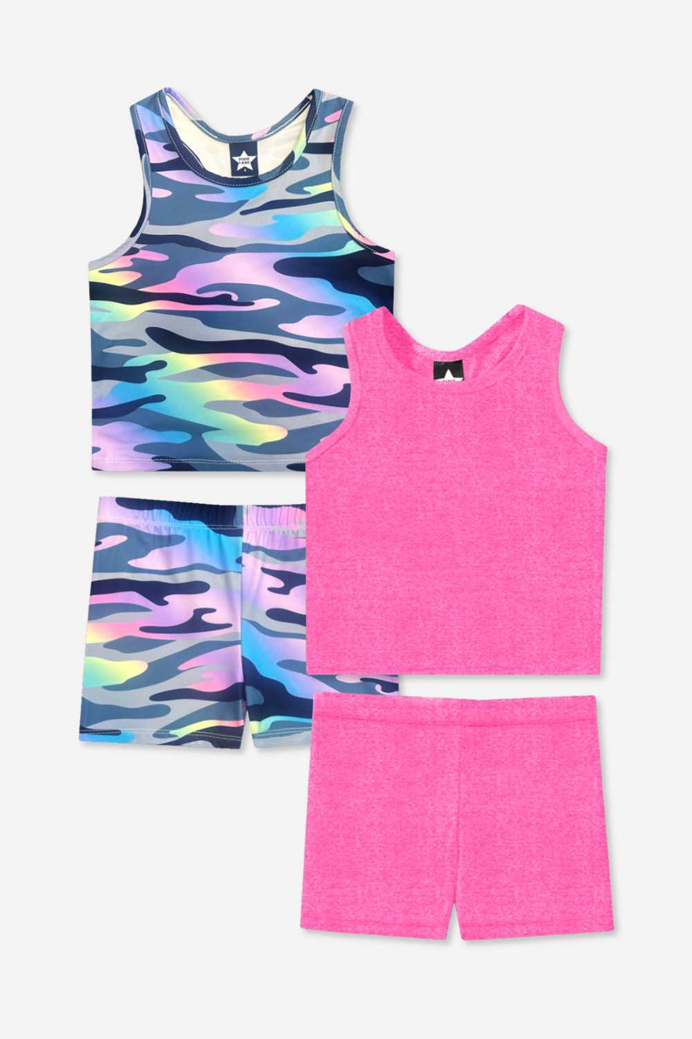 2-Pack Simply Soft Luxe Cropped Racerback Tank & Tumble Short - Steel Black Peace Heart | Neon Pink Rainbow Heart