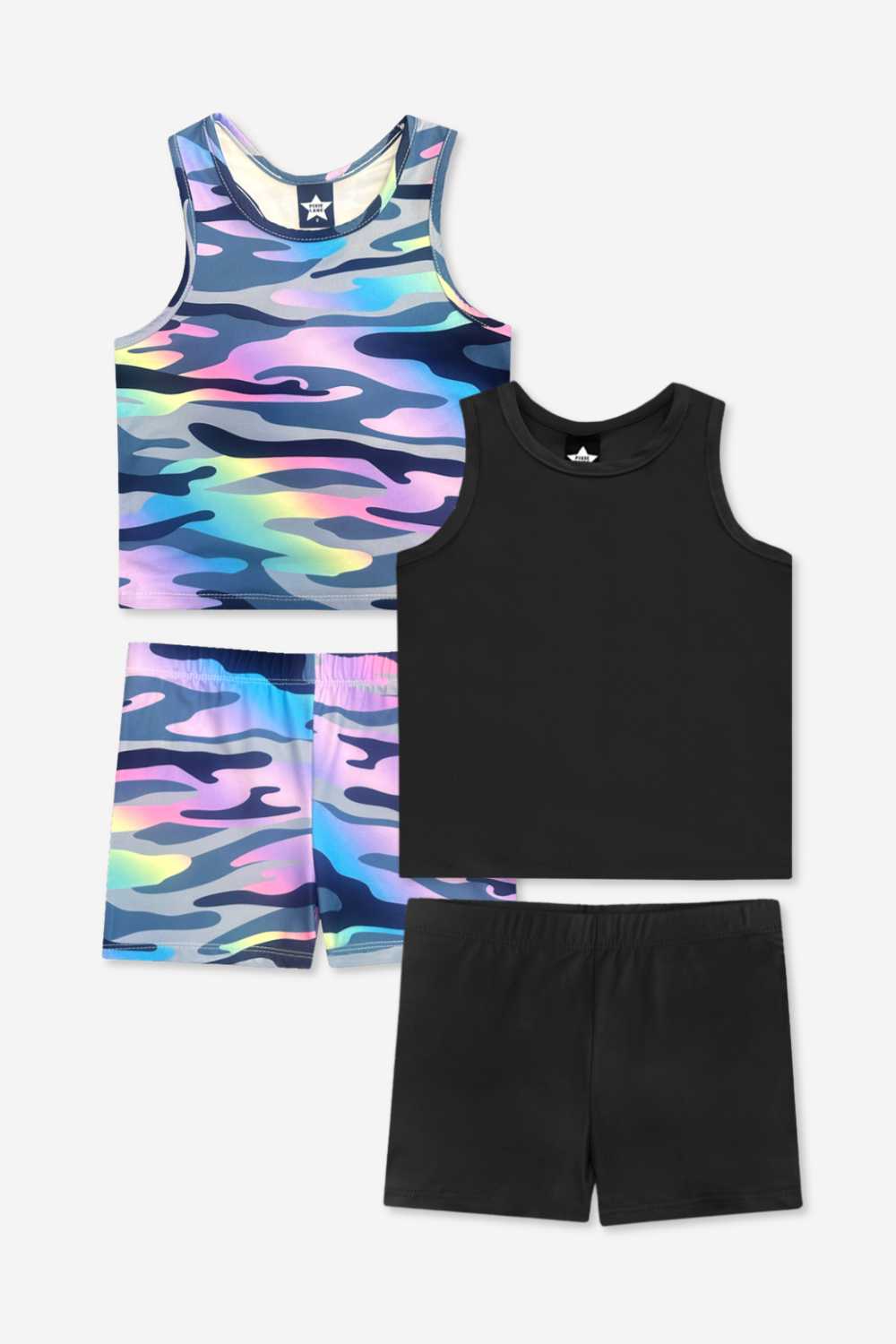 2-Pack Simply Soft Luxe Cropped Racerback Tank & Tumble Short - Steel Black Peace Heart | Neon Pink Rainbow Heart