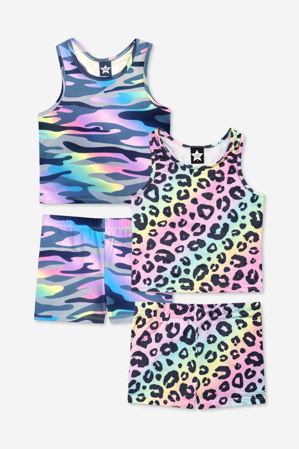 2-Pack Simply Soft Luxe Cropped Racerback Tank & Tumble Short - Steel Black Peace Heart | Neon Pink Rainbow Heart
