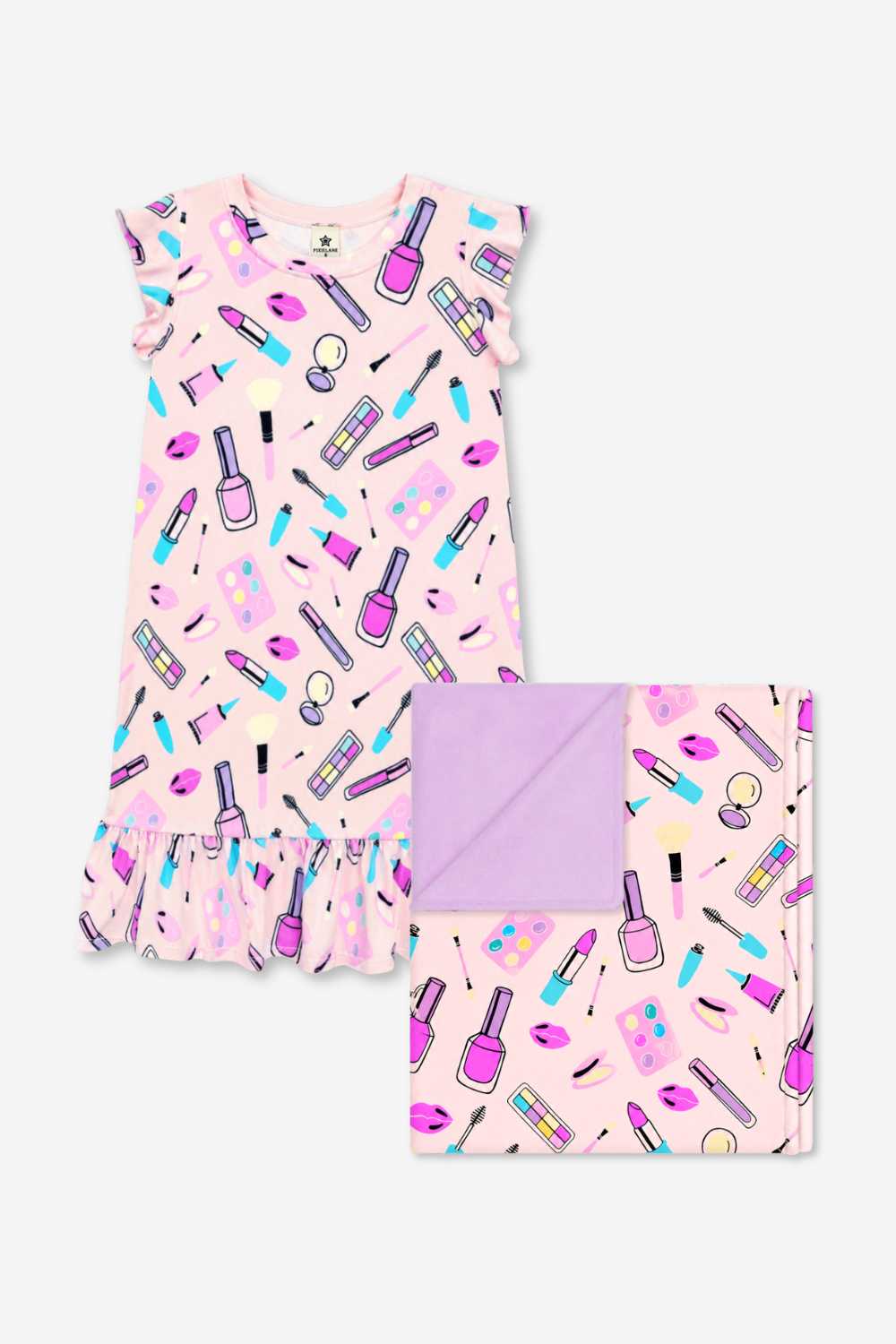 2 Pack Simply Soft Flutter Sleeve Lounge Dress & Reversible Blanket - Light Pink Makeup - NEW!