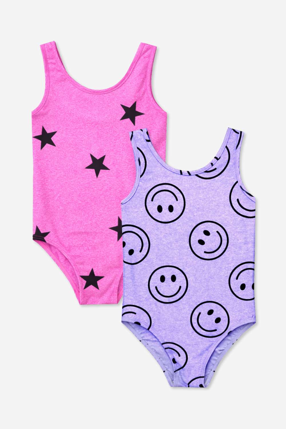 2-Pack Simply Soft Luxe Tank Leotard - Light Blue Smile Star | Neon Pink Rainbow Heart