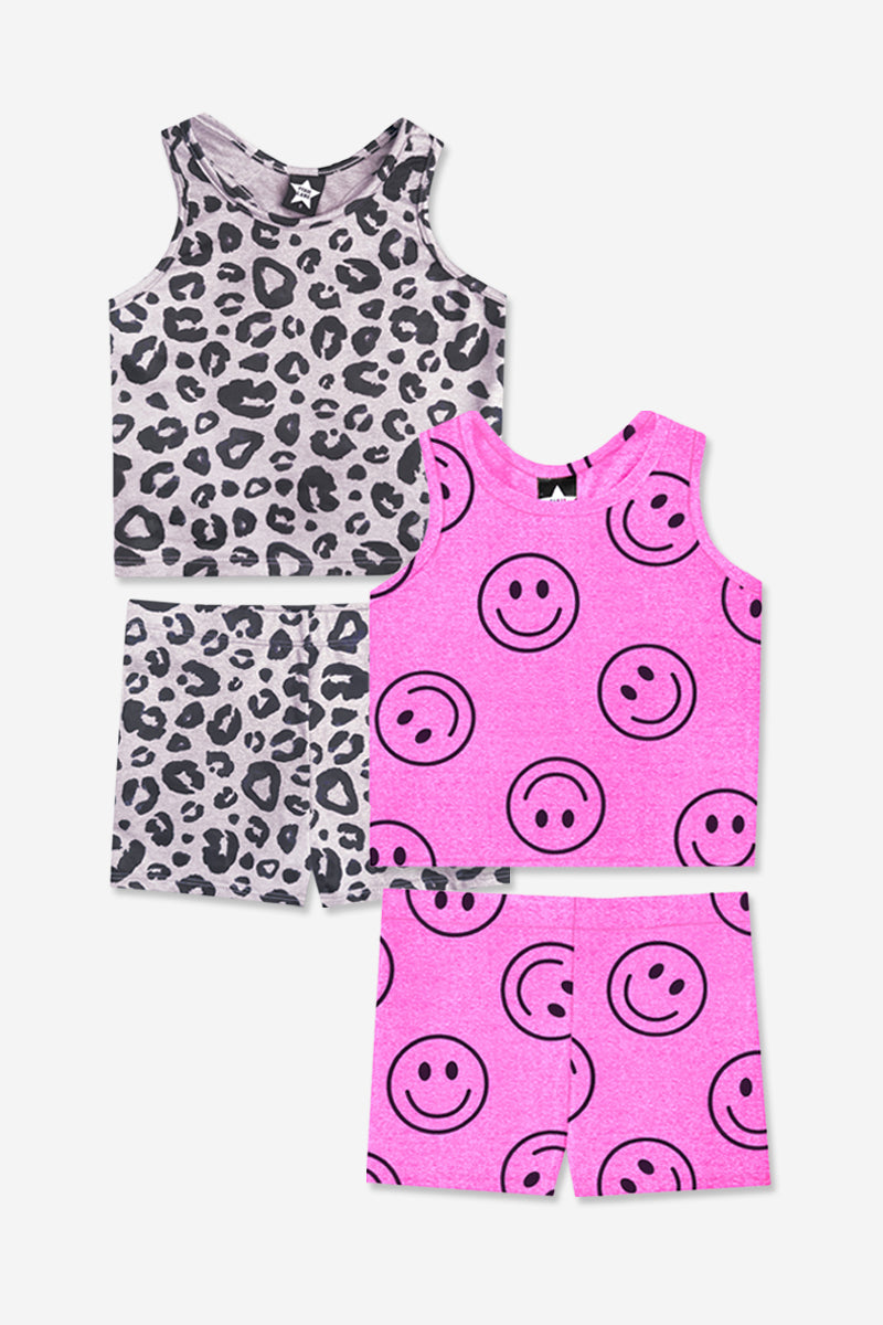 2-Pack Simply Soft Luxe Cropped Racerback Tank & Tumble Short - Steel Black Peace Heart | Neon Pink Rainbow Heart