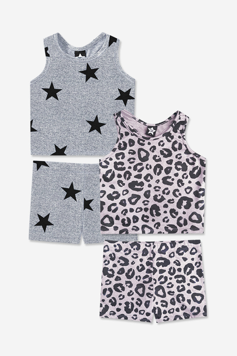 2-Pack Simply Soft Luxe Cropped Racerback Tank & Tumble Short - Steel Black Peace Heart | Neon Pink Rainbow Heart