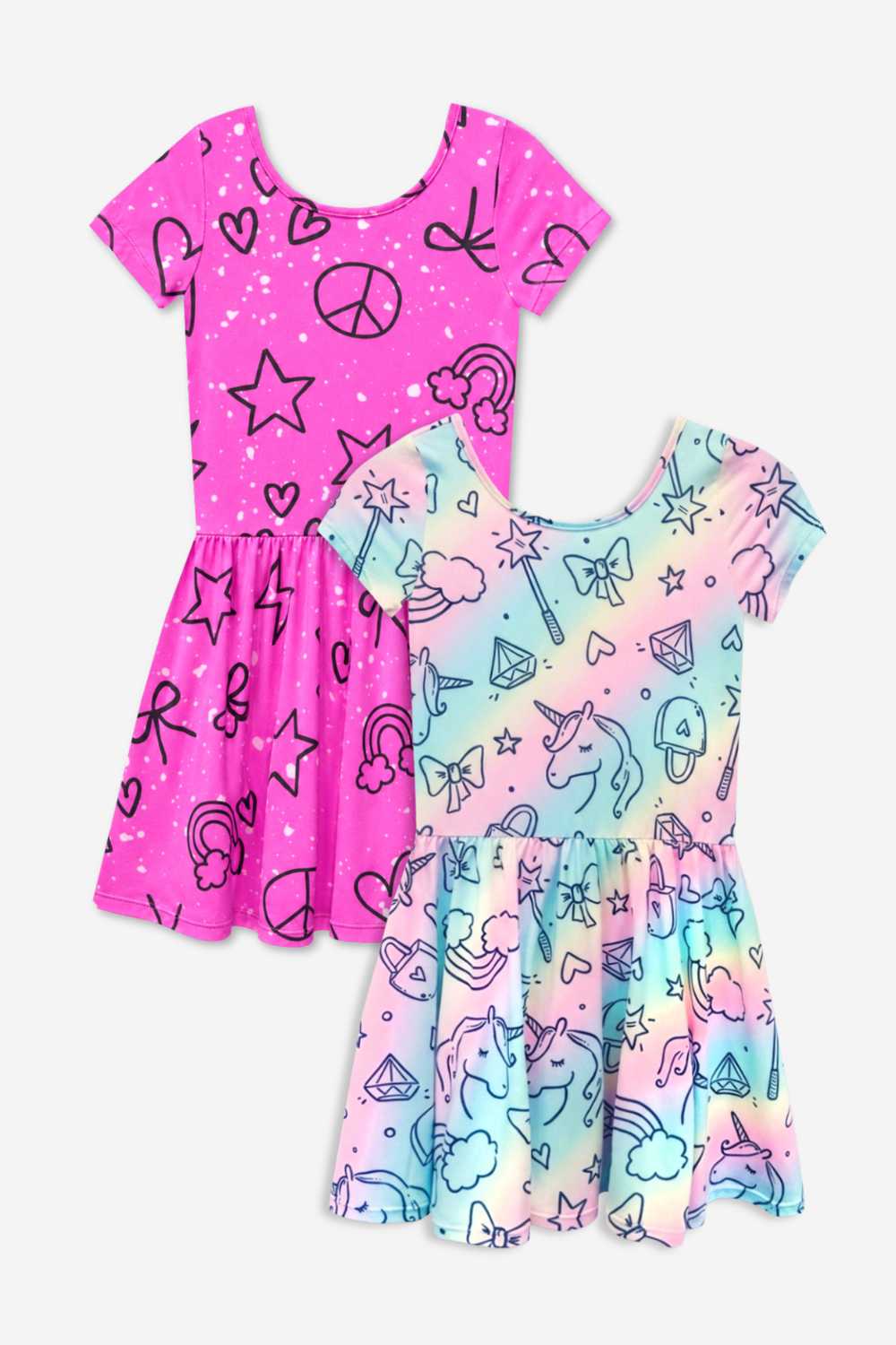 2 Pack Short Sleeve Scoop Back Be Happy Dress - Pastel Rainbow Unicorn | Neon Pink Sketch Emoji - NEW!