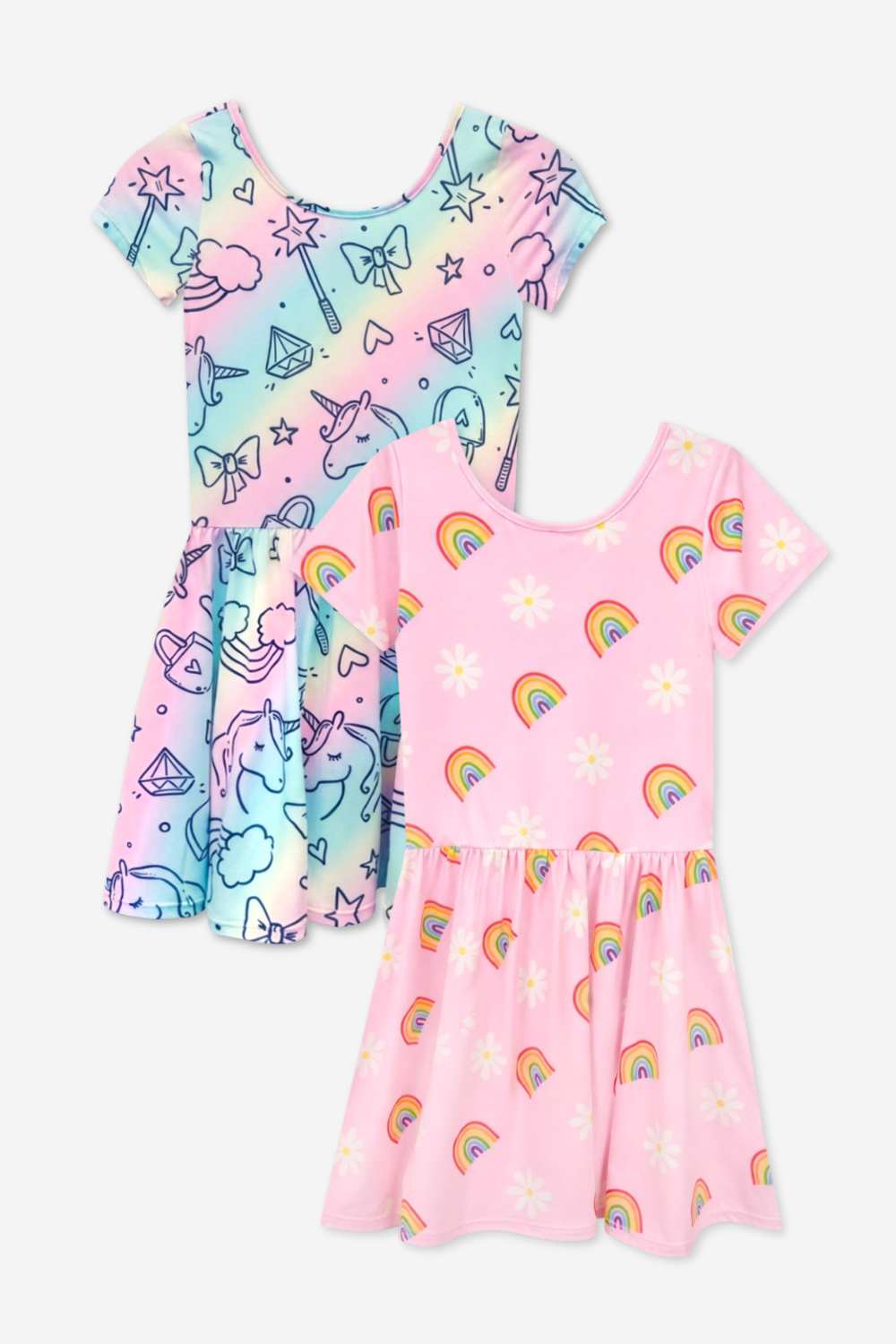2-Pack Simply Soft Short Sleeve Dress - Pink Daisy Rainbow | Pastel Rainbow Unicorn - NEW!