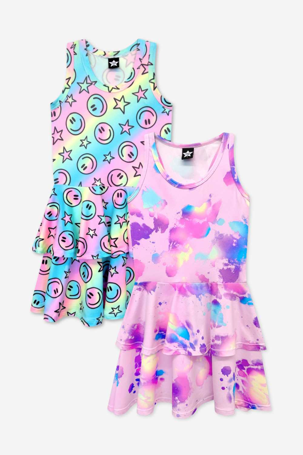 2 Pack Simply Soft Racerback Ruffle Skirt Dress - Pink Bleach Tie Dye | Blue White Emojis Stickers