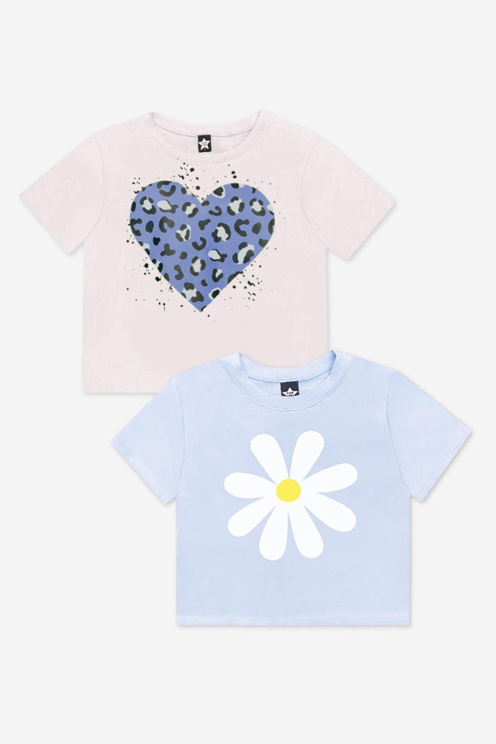 2-Pack Washed Cotton Drop Shoulder Tee - Cream Denim Leopard Heart | Light Blue Vintage Daisy