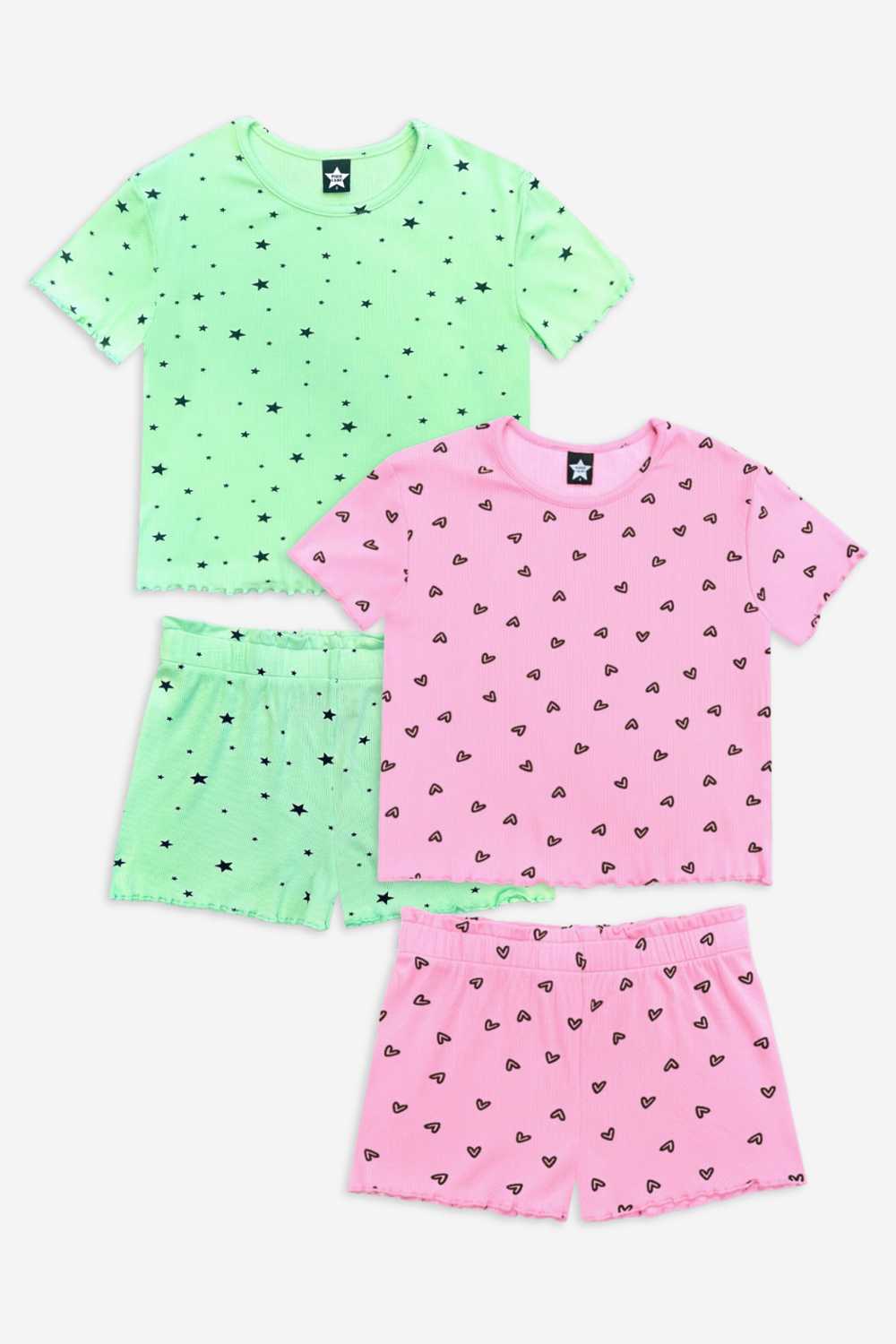 2 Pack Ultra Soft Ribbed Lettuce Hem Easy Tee & Short Set - Neon Pink Heart | Neon Blue Heart