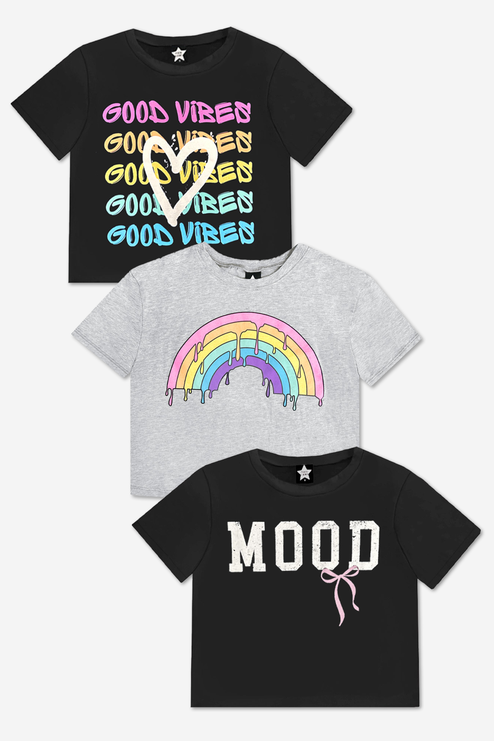 3-Pack Washed Cotton Drop Shoulder Tee - Lilac Denim Palm | Pink Good Vibes Splatter Smile | Pink Strawberry Vibes