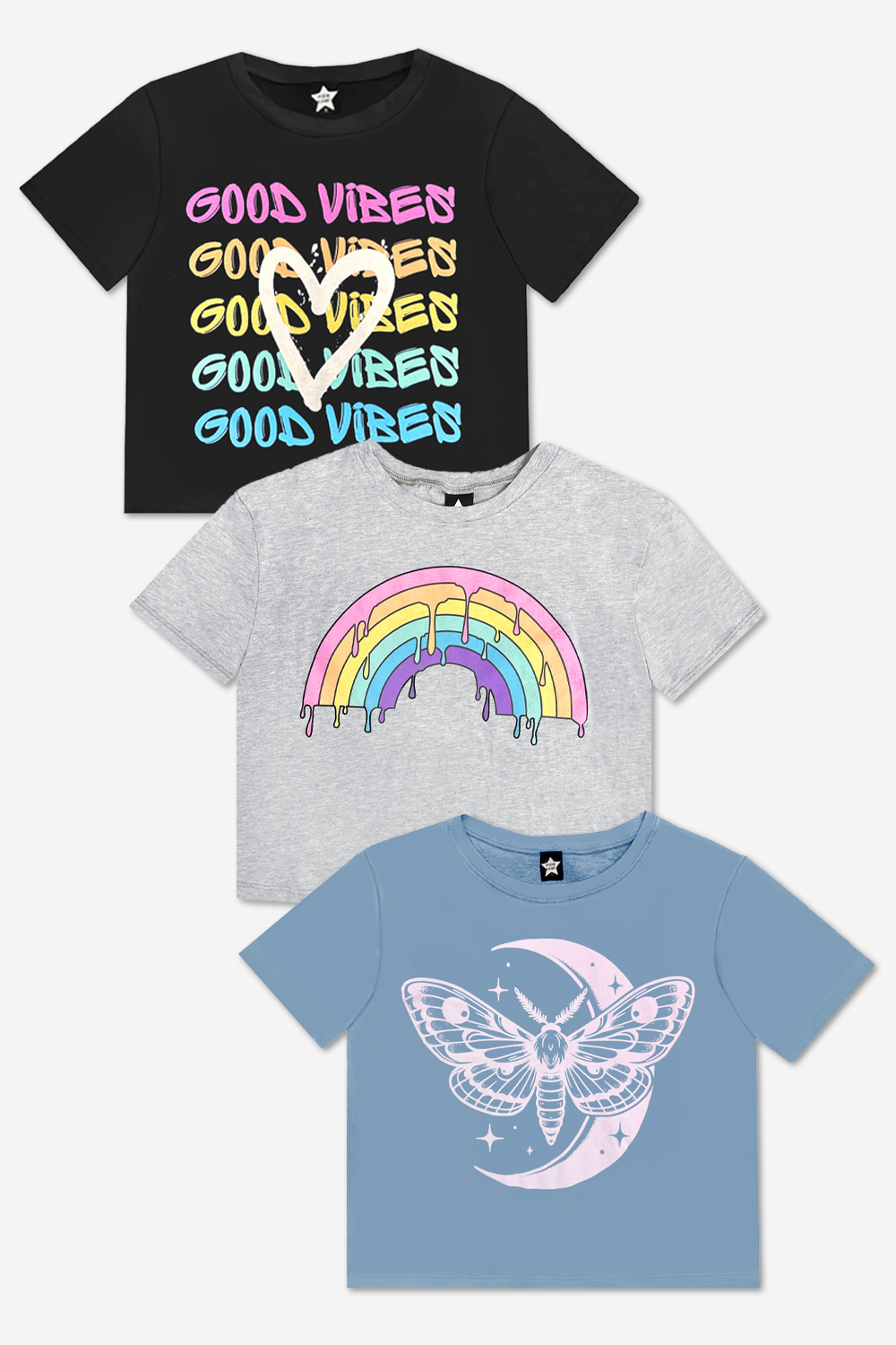 3-Pack Washed Cotton Drop Shoulder Tee - Lilac Denim Palm | Pink Good Vibes Splatter Smile | Pink Strawberry Vibes