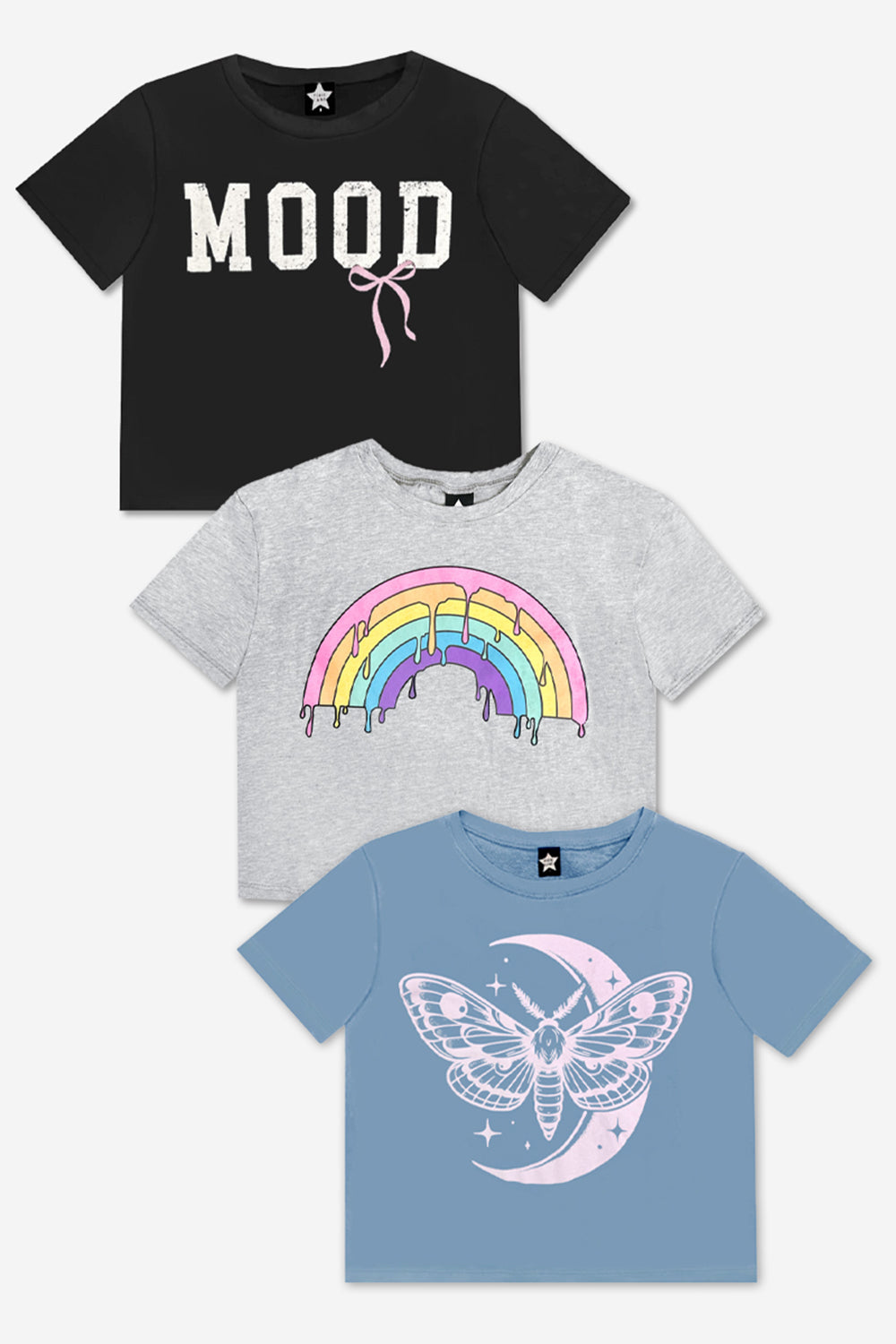 3-Pack Washed Cotton Drop Shoulder Tee - Lilac Denim Palm | Pink Good Vibes Splatter Smile | Pink Strawberry Vibes