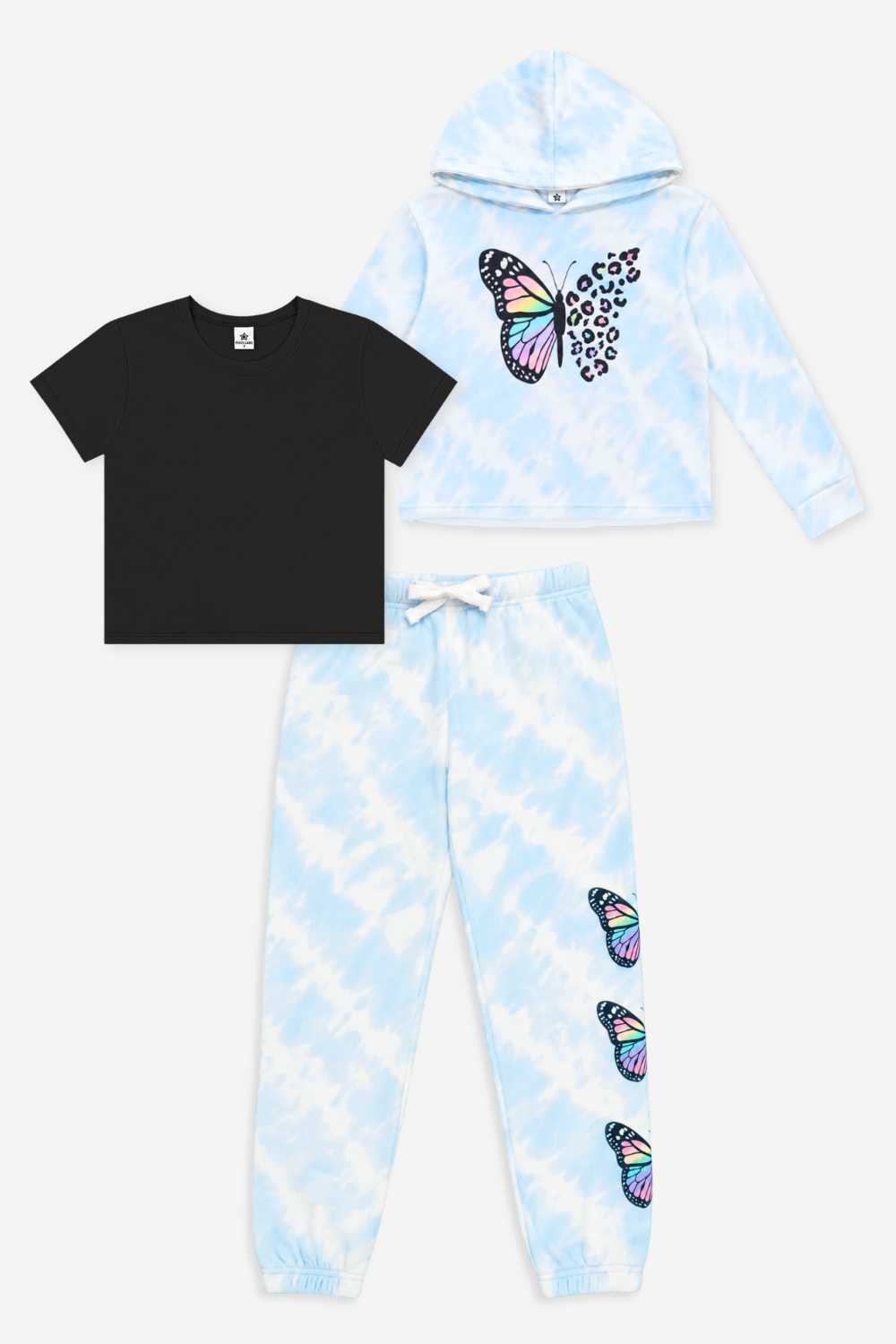 3 Pack Cloud Soft French Terry Easy Hoodie Sweatpant & Simply Soft Tee - Blue Ivory Tie Dye Rainbow Leopard Butterfly | Black - NEW!