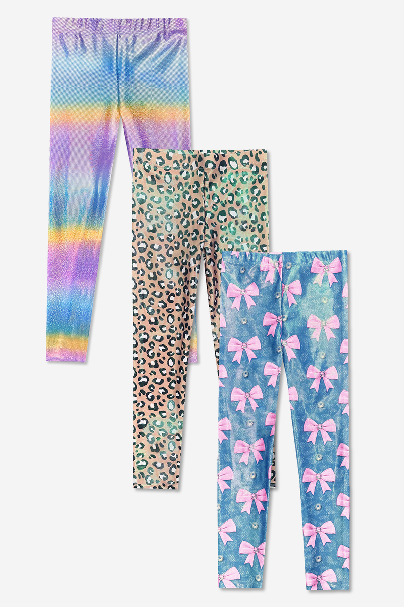 3-Pack Glitter Foil High Shine Legging - Glitter Rainbow | Taupe Leopard | Denim Leopard Pink Bow - NEW!