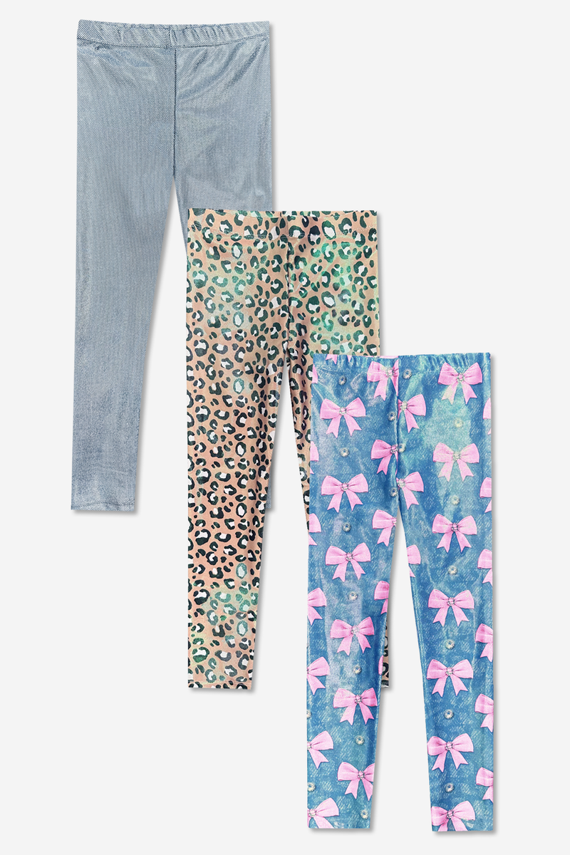 3-Pack Glitter Foil High Shine Legging - Denim Leopard Pink Bow | Silver Glitter | Taupe Leopard - NEW!