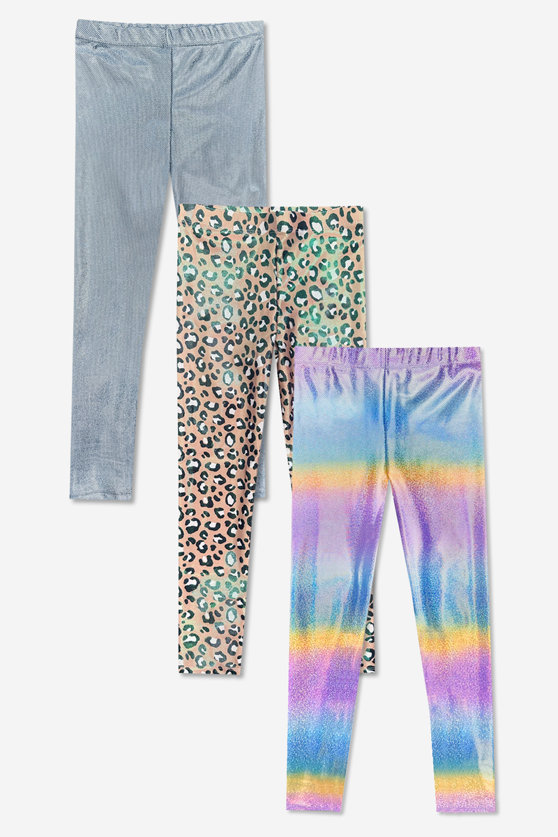 3-Pack Glitter Foil High Shine Legging - Taupe Leopard | Glitter Rainbow | Silver Glitter - NEW!