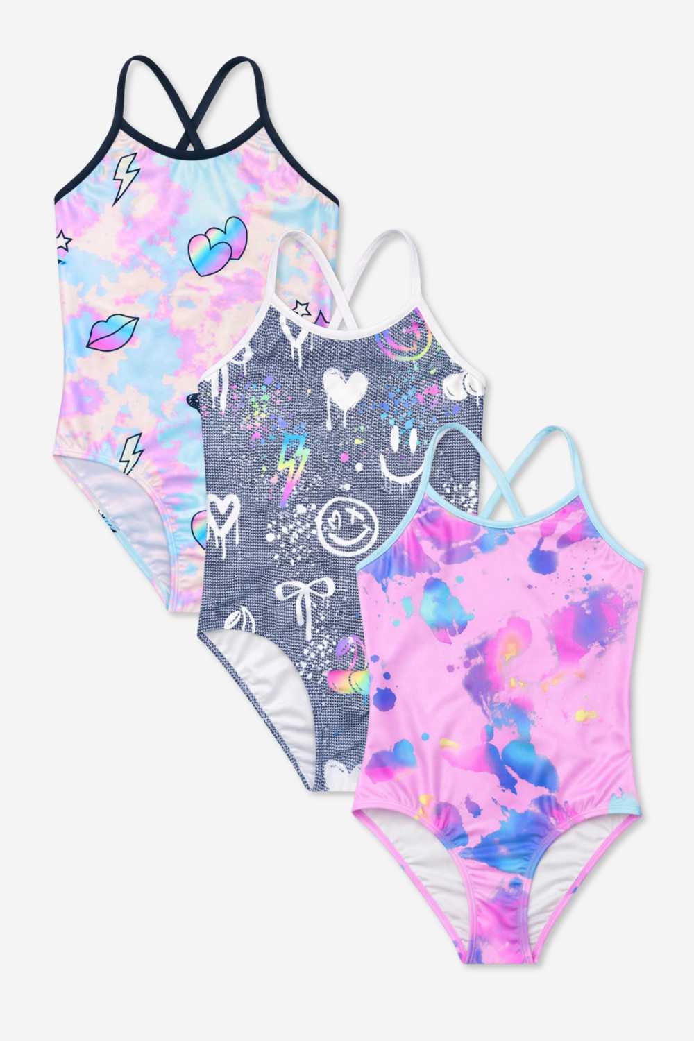 3 Pack - Strappy One Piece Swimsuit - Vintage Denim Graffiti Elements | Pastel Rainbow Tie Dye Emoji | Pink Bleach Tie Dye - NEW!