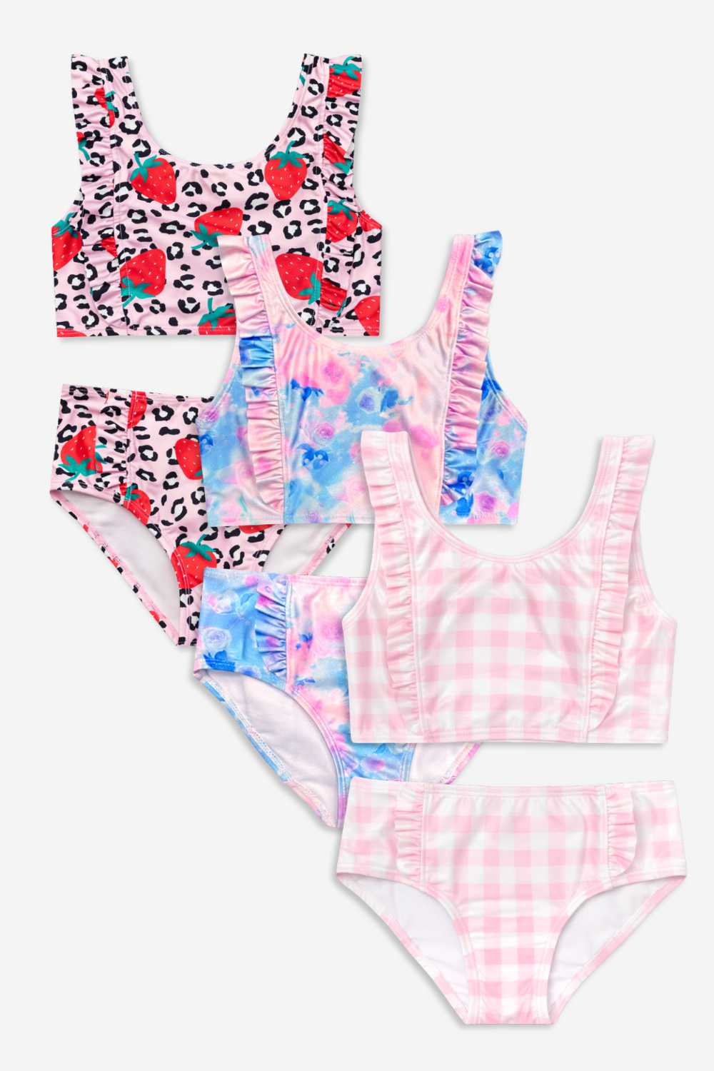 3 Pack Ruffle Two Piece Swimsuit - Pink Blue Watercolor Rose | Lt Pink Gingham | Strawberry Leopard