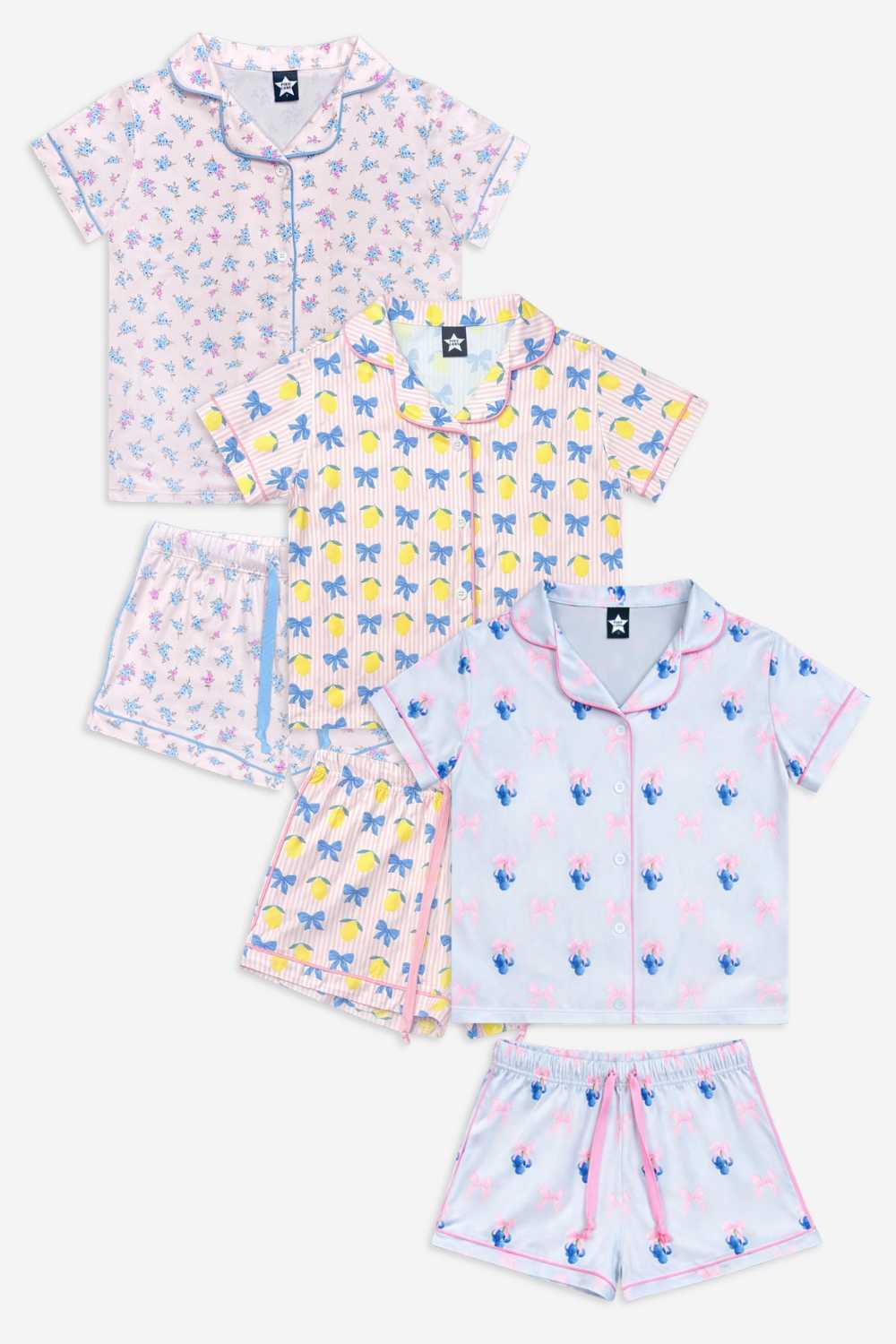 3 Pack - Short Sleeve Simply Soft Button Down Top & Short - Sage Pink Makeup | Ivory Pink Stripe Bear Bow | Pink Ivory Striped Strawberry