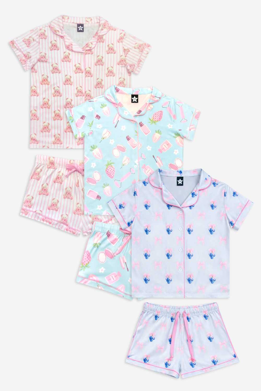 3 Pack - Short Sleeve Simply Soft Button Down Top & Short - Sage Pink Makeup | Ivory Pink Stripe Bear Bow | Pink Ivory Striped Strawberry