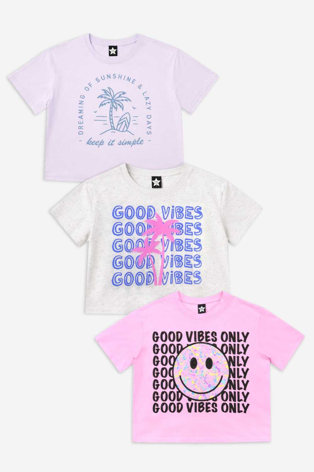 3-Pack Washed Cotton Drop Shoulder Tee - Lilac Denim Palm | Pink Good Vibes Splatter Smile | Pink Strawberry Vibes