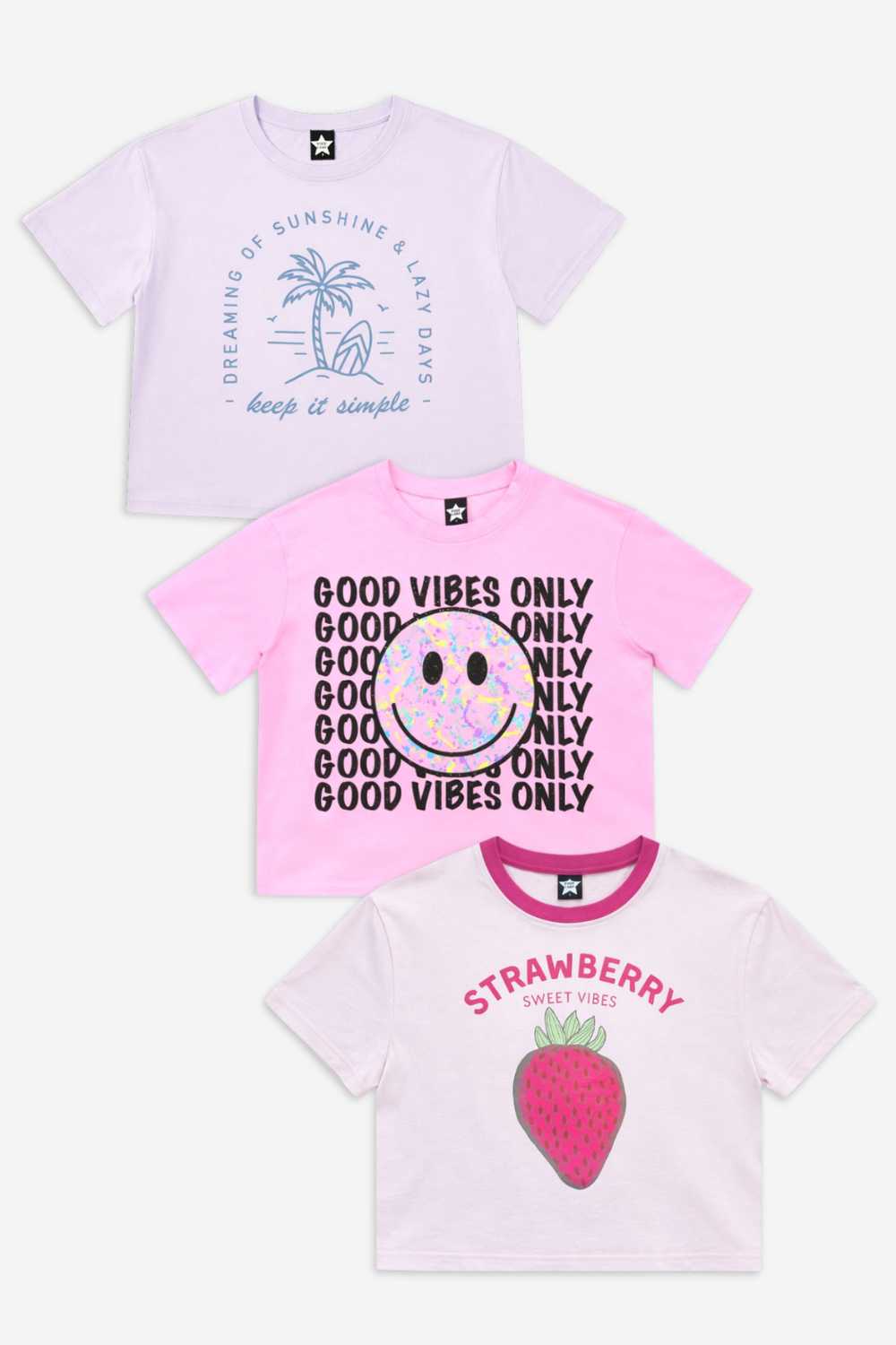 3-Pack Washed Cotton Drop Shoulder Tee - Lilac Denim Palm | Pink Good Vibes Splatter Smile | Pink Strawberry Vibes
