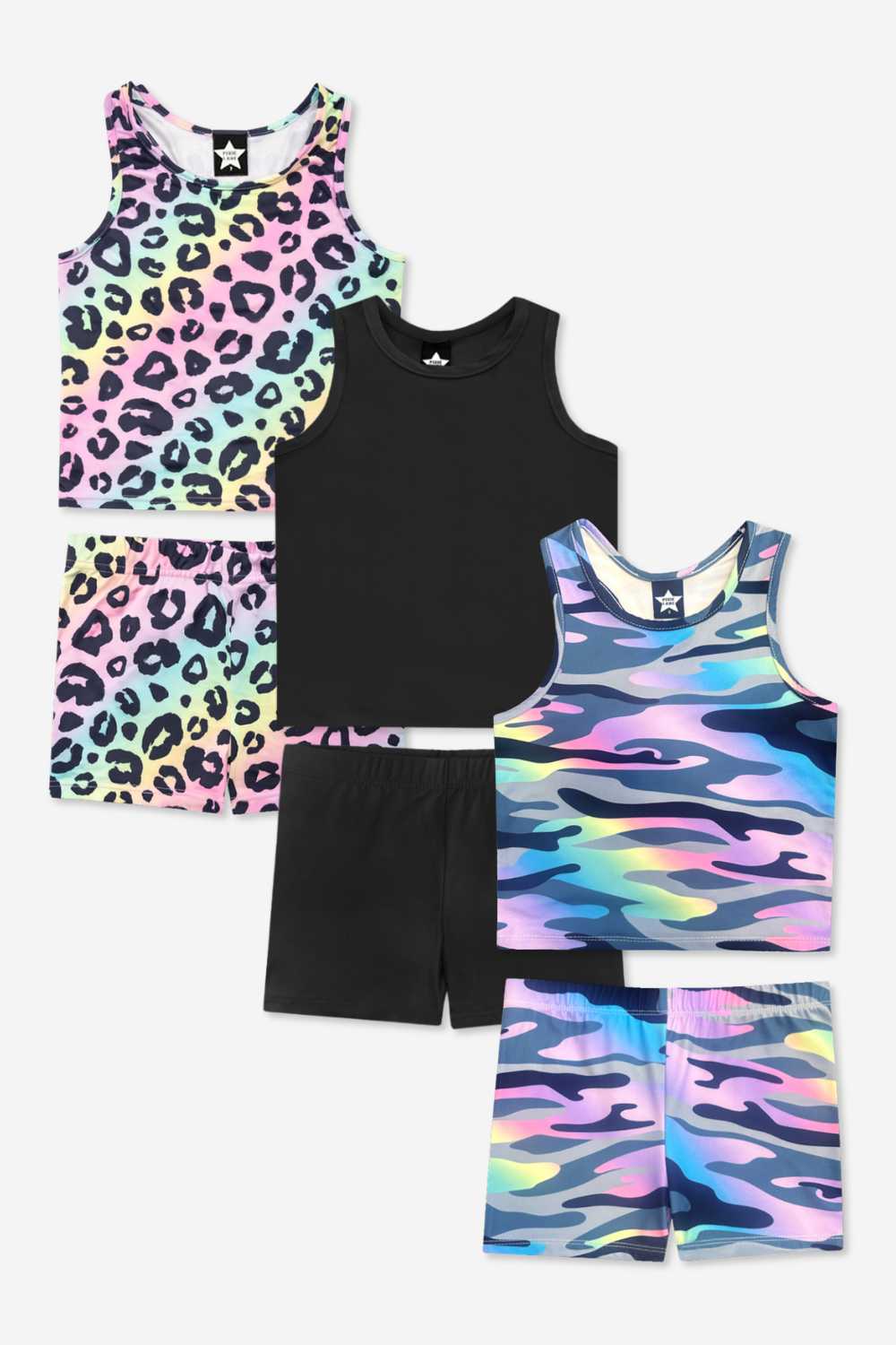 3-Pack Simply Soft Luxe Cropped Racerback Tank & Tumble Short - Light Blue Smile Star | Neon Pink Rainbow Heart | Steel Black Peace Heart