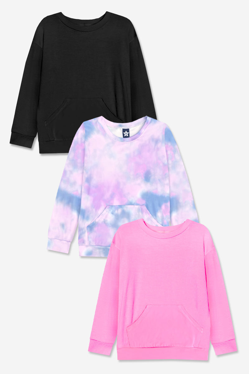 3 Pack Simply Soft Kanga Pocket Crew Top - Dusty Pink | Lilac Tie Dye | Lilac - NEW!