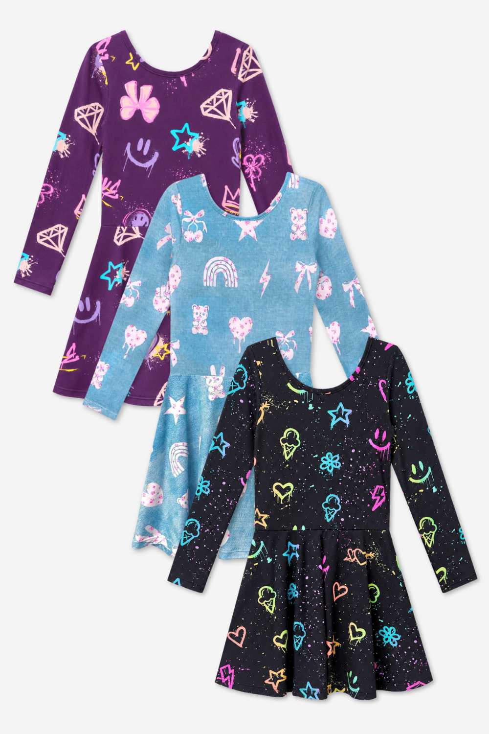 3 Pack Simply Soft L/S Skater Dress - Black Tie Dye Rainbow Splatter | Pastel Rainbow Sketch Emoji | Black Rainbow Tie Dye Star - NEW!