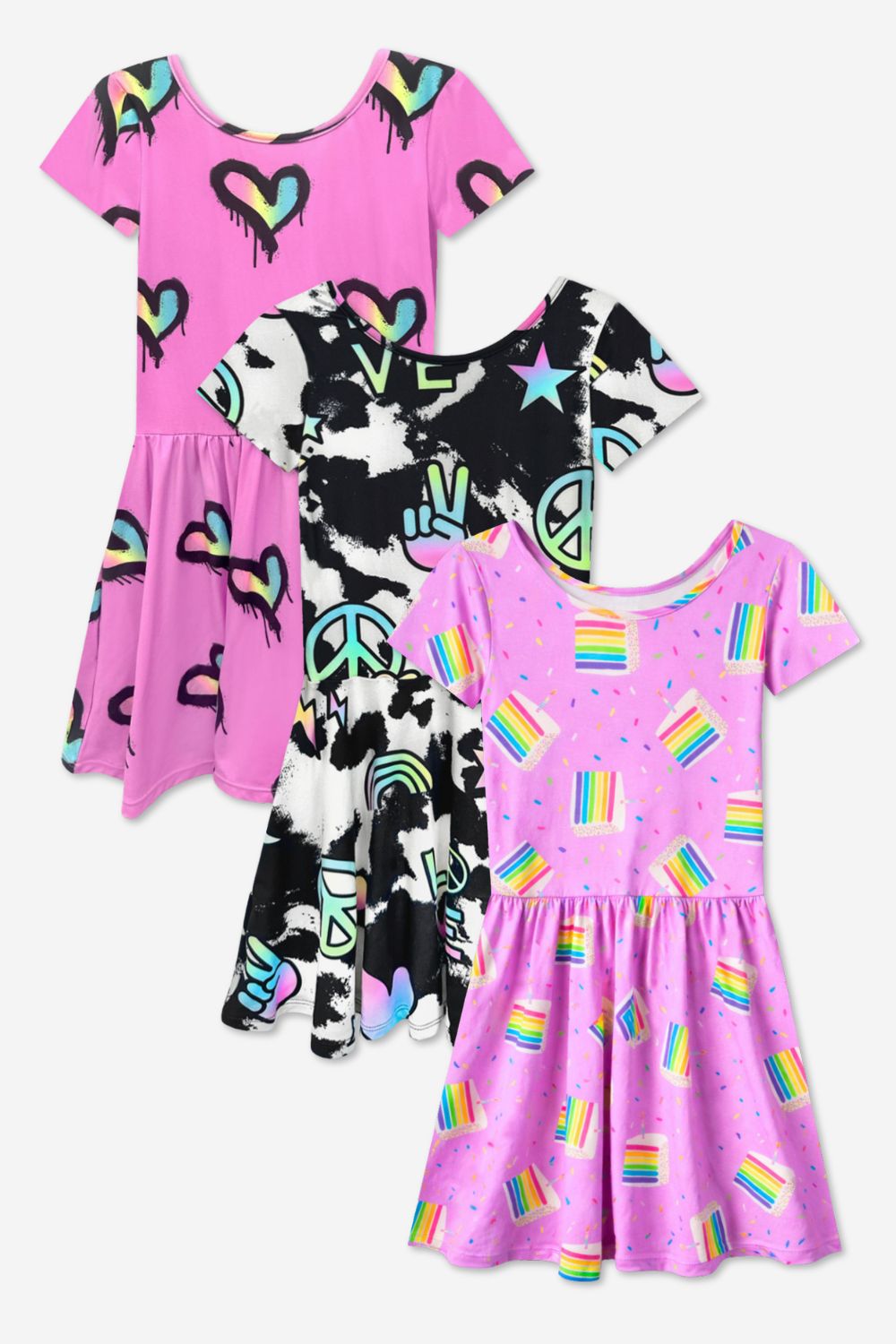 3-Pack Simply Soft Short Sleeve Dress - Pastel Rainbow Unicorn | Pink Daisy Rainbow | Light Blue Daisy - NEW!