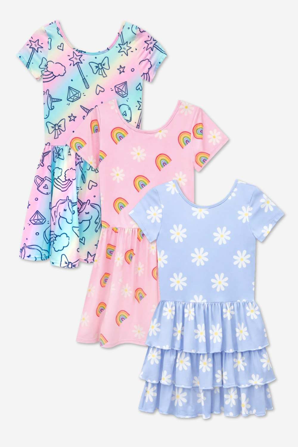 3-Pack Simply Soft Short Sleeve Dress - Pastel Rainbow Unicorn | Pink Daisy Rainbow | Light Blue Daisy - NEW!